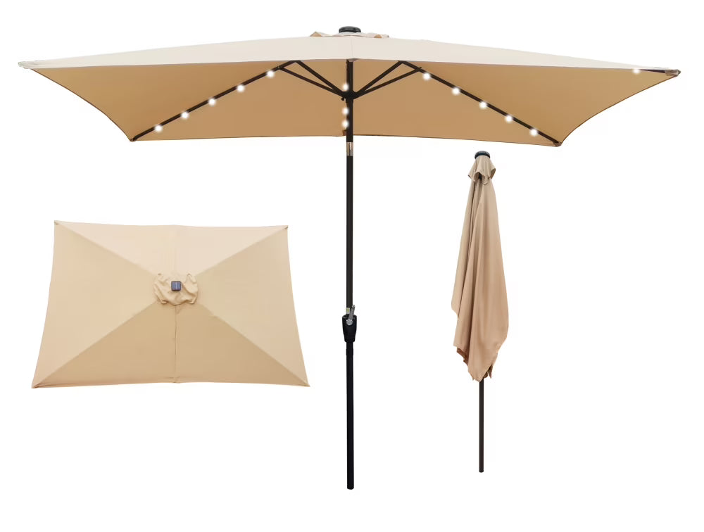 10 x 6.5t Patio Umbrella,Rectangular Picnic Table Umbrella,6-8 Chairs Tilt Umbrella with 26 LED Lights,Waterproof Umbrella Sunshade with Crank and Push Button Tilt for Garden Backyard Pool,LIGHT GREY