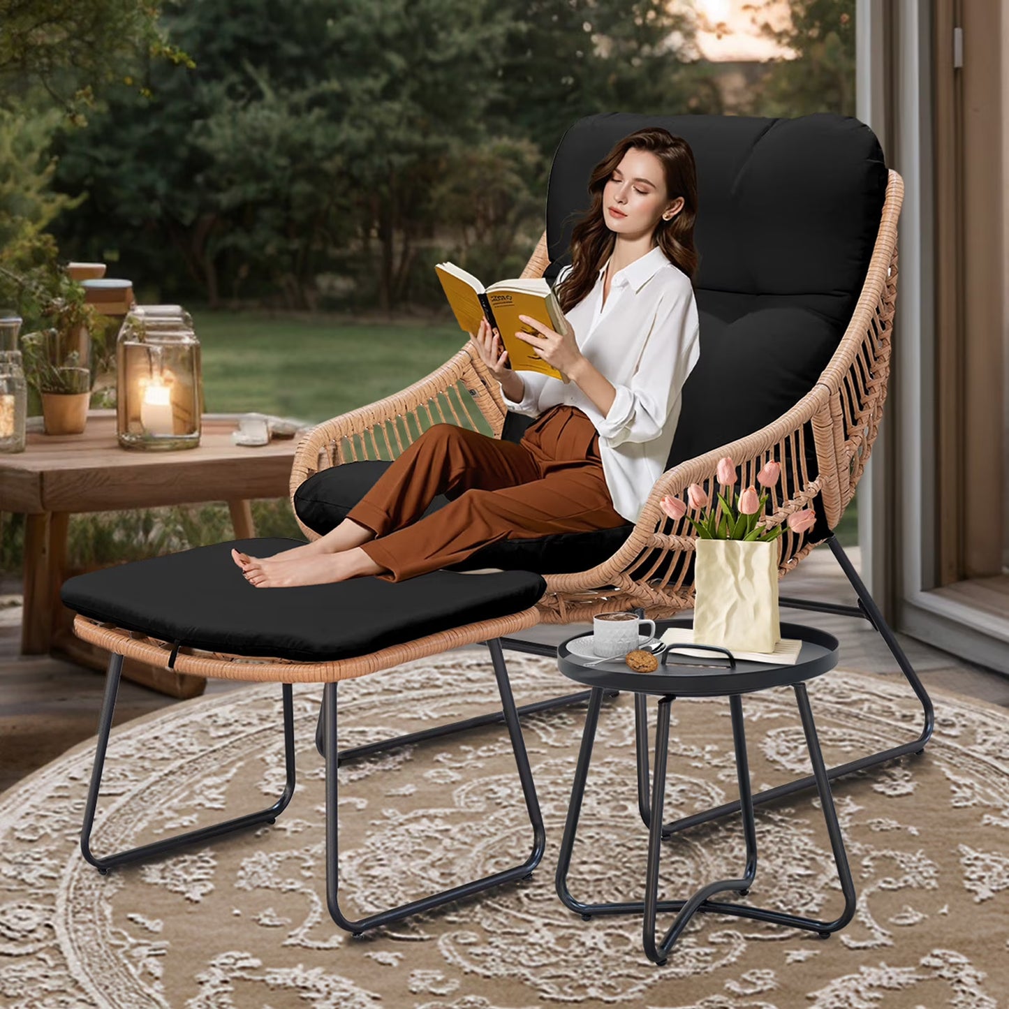 Tappio Wicker Papasan Egg Chair with Ottoman, Outdoor Patio Basket Lounge Chair Indoor Oversized Egg Lounger with Thick Cushion for Living Room Bedroom Balcony Porch, Black
