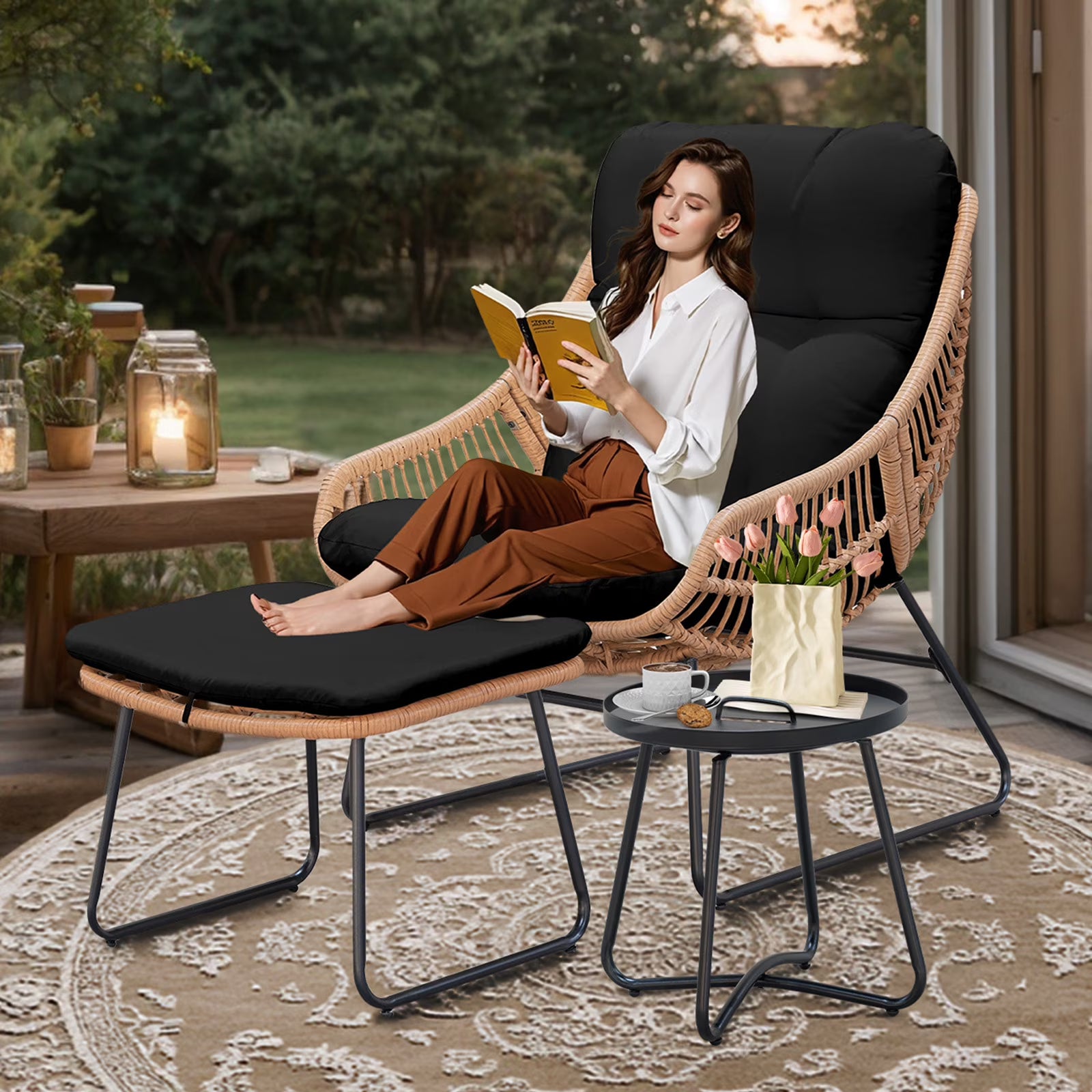 Tappio Wicker Papasan Egg Chair with Ottoman, Outdoor Patio Basket Lounge Chair Indoor Oversized Egg Lounger with Thick Cushion for Living Room Bedroom Balcony Porch, Black