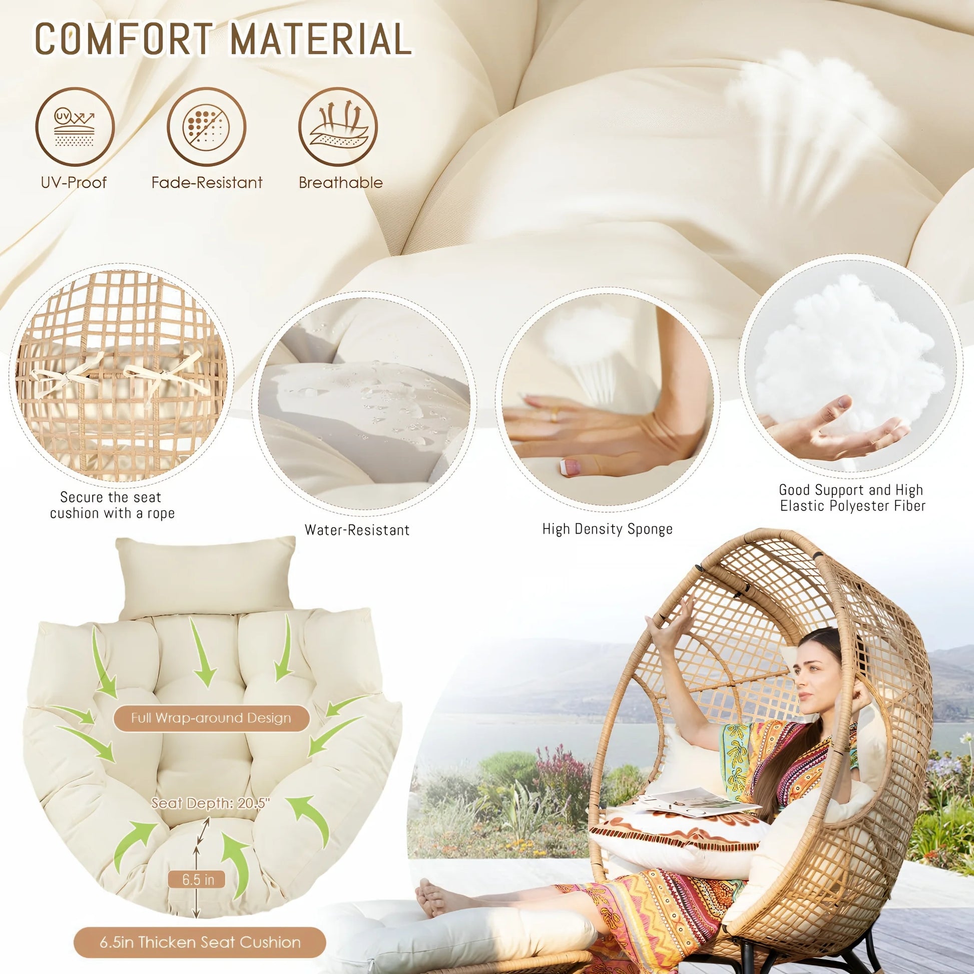 RADIATA 440 lbs Outdoor Egg Chair with Foot Rest & Ottoman, Wicker Patio Egg Chair for Indoor or Garden,Beige