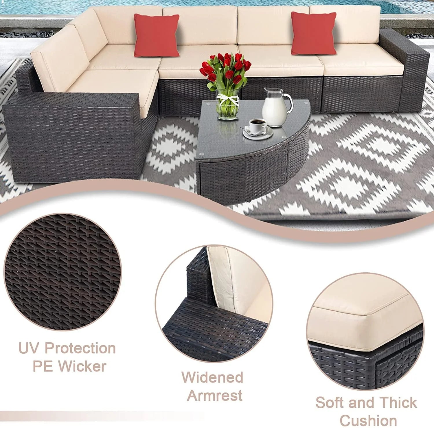 SUNCROWN 6-Piece Patio Furniture Set Outdoor Wicker Conversation Set with Wedge Table, Brown