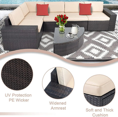 SUNCROWN 6-Piece Patio Furniture Set Outdoor Wicker Conversation Set with Wedge Table, Brown