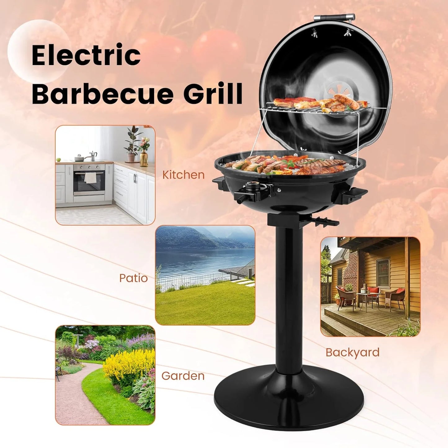 HAPPYGRILL 1600W Electric Grill Outdoor, Portable BBQ Grill with Warming Tray, Removable Non-Stick Grill Rack, Adjustable Temperature& Oil Drip Tray for Patio, Camping, Picnic,Red