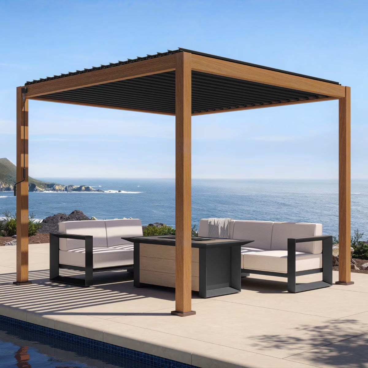 Mirador 10'x 10' 111S Outdoor Aluminum Pergola w/Adjustable Rainproof Louver for Garden, Patio, Backyard, Takasho/Wood Grain