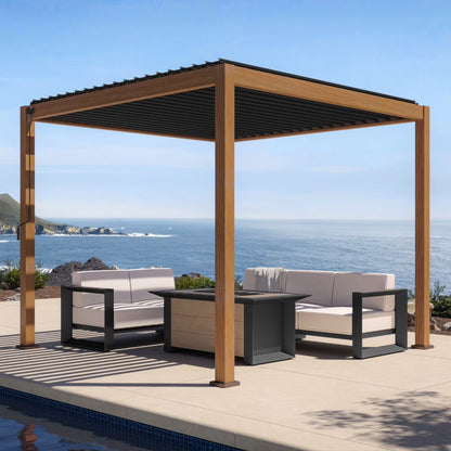 Mirador 10'x 10' 111S Outdoor Aluminum Pergola w/Adjustable Rainproof Louver for Garden, Patio, Backyard, Takasho/Wood Grain