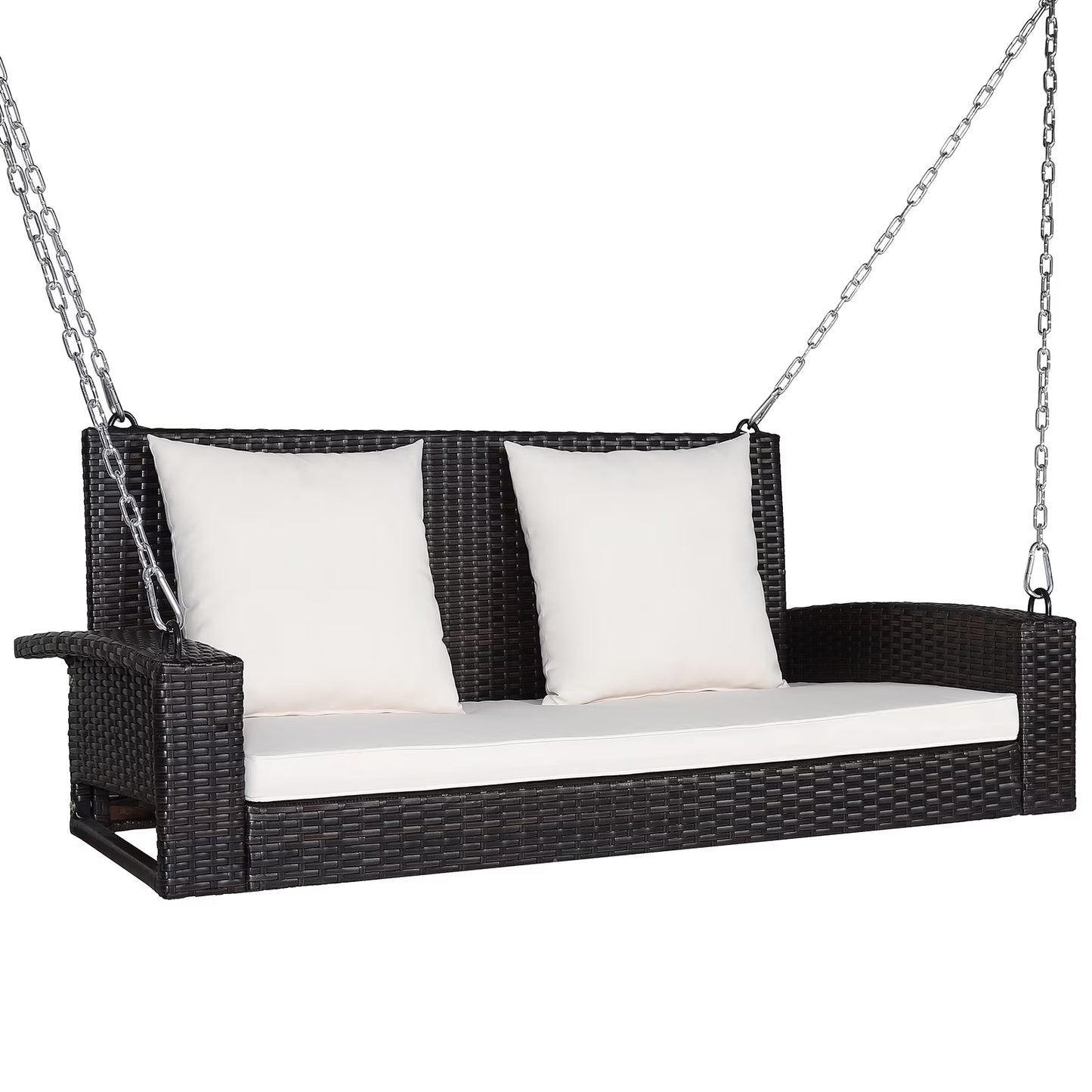 Topbuy Outdoor Wicker Porch Swing Bench 2-Person Patio Rattan Swing Chair W/Soft Cushions Black