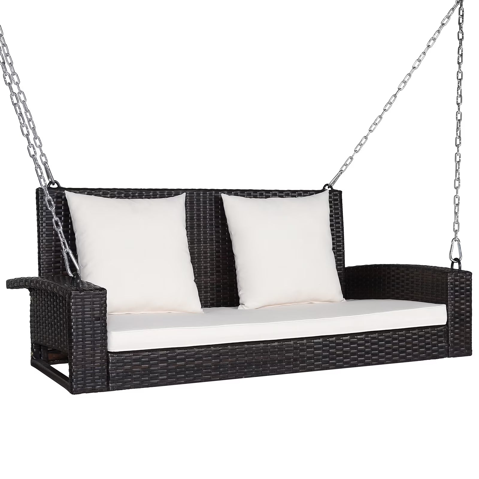 Topbuy Outdoor Wicker Porch Swing Bench 2-Person Patio Rattan Swing Chair W/Soft Cushions Black