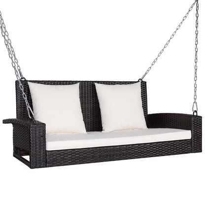 Topbuy Outdoor Wicker Porch Swing Bench 2-Person Patio Rattan Swing Chair W/Soft Cushions Black