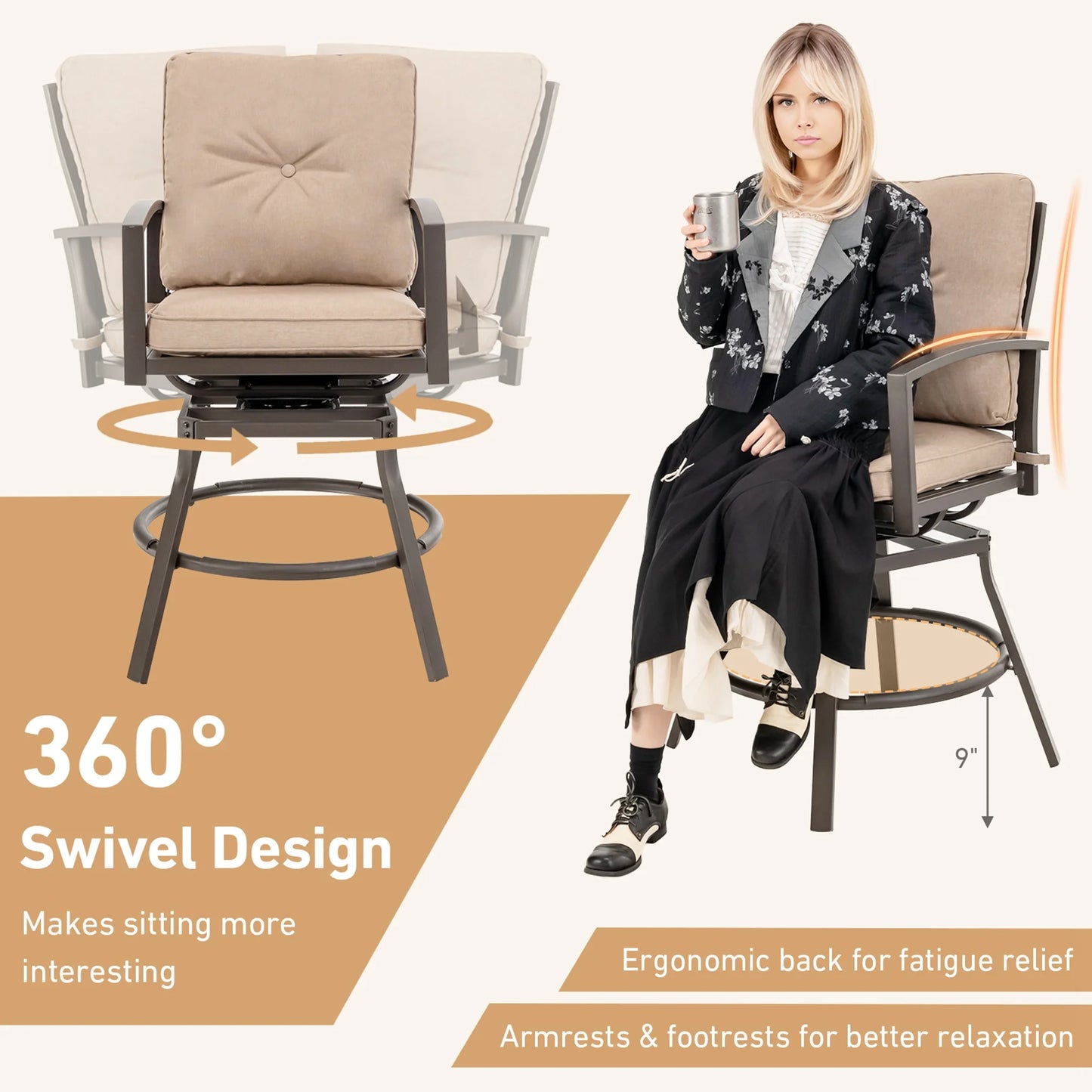 Costway Patio 3pcs Swivel Bar Height Bistro Set Cushioned Table Stools Furniture Outdoor