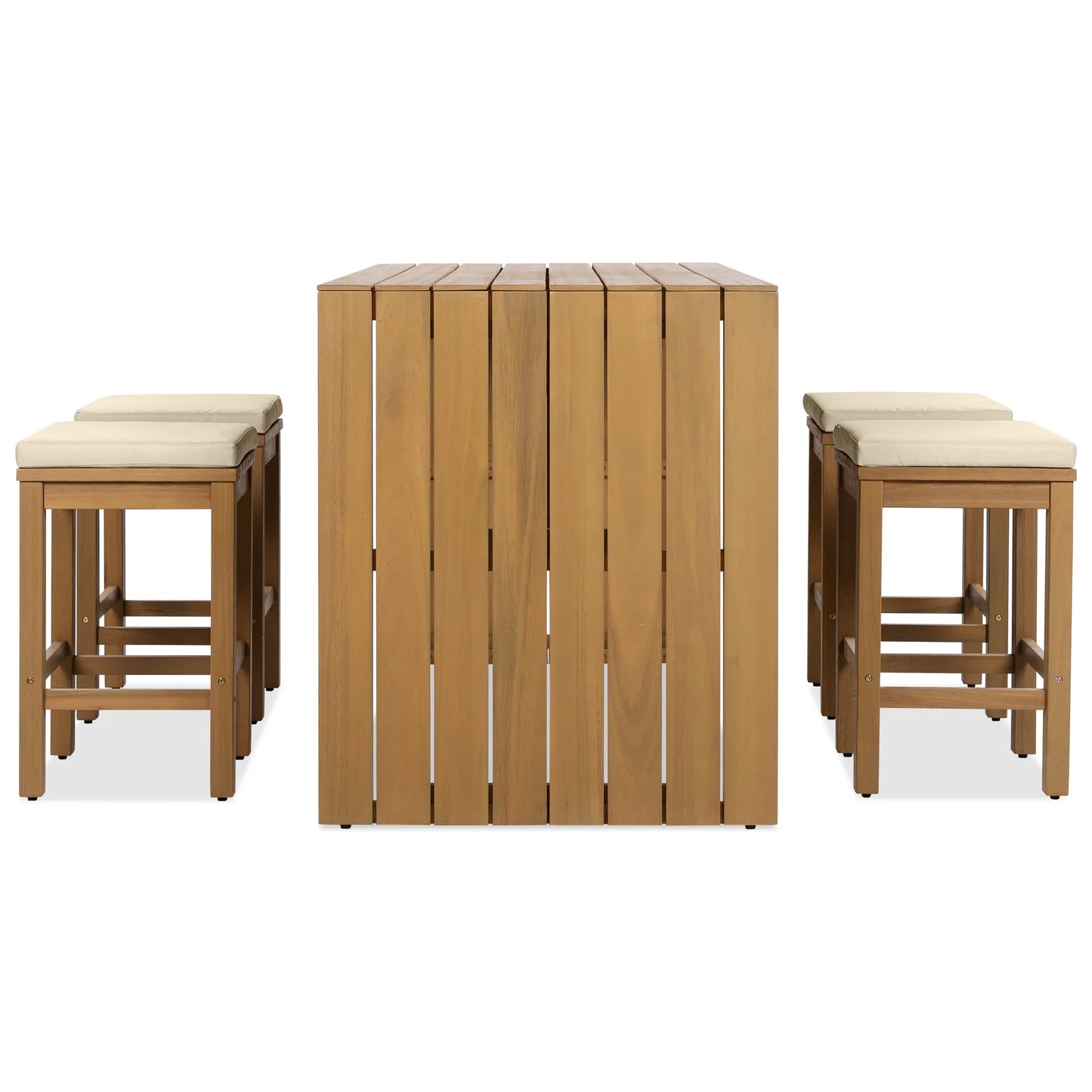 YIYADO 5-Pcs Outdoor Bar Set, Acacia Wood Table & Stools with Cushions for Patio, Poolside, Balcony