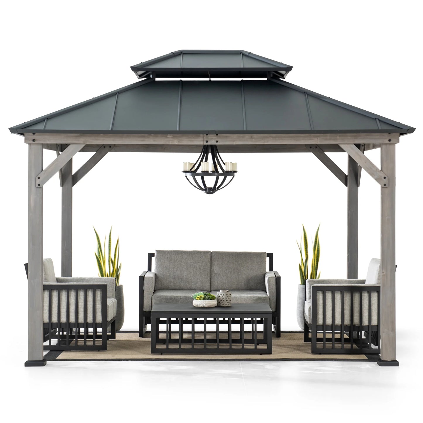 SUNJOY 10 x 12 ft. Wood Gazebo, Outdoor Patio Steel Hardtop Gazebo, Cedar Framed Wooden Gazebo with 2-Tier Metal Roof, Suitable for Patios, Lawn and Backyard, Matte Black Roof + Gray Wood Frame