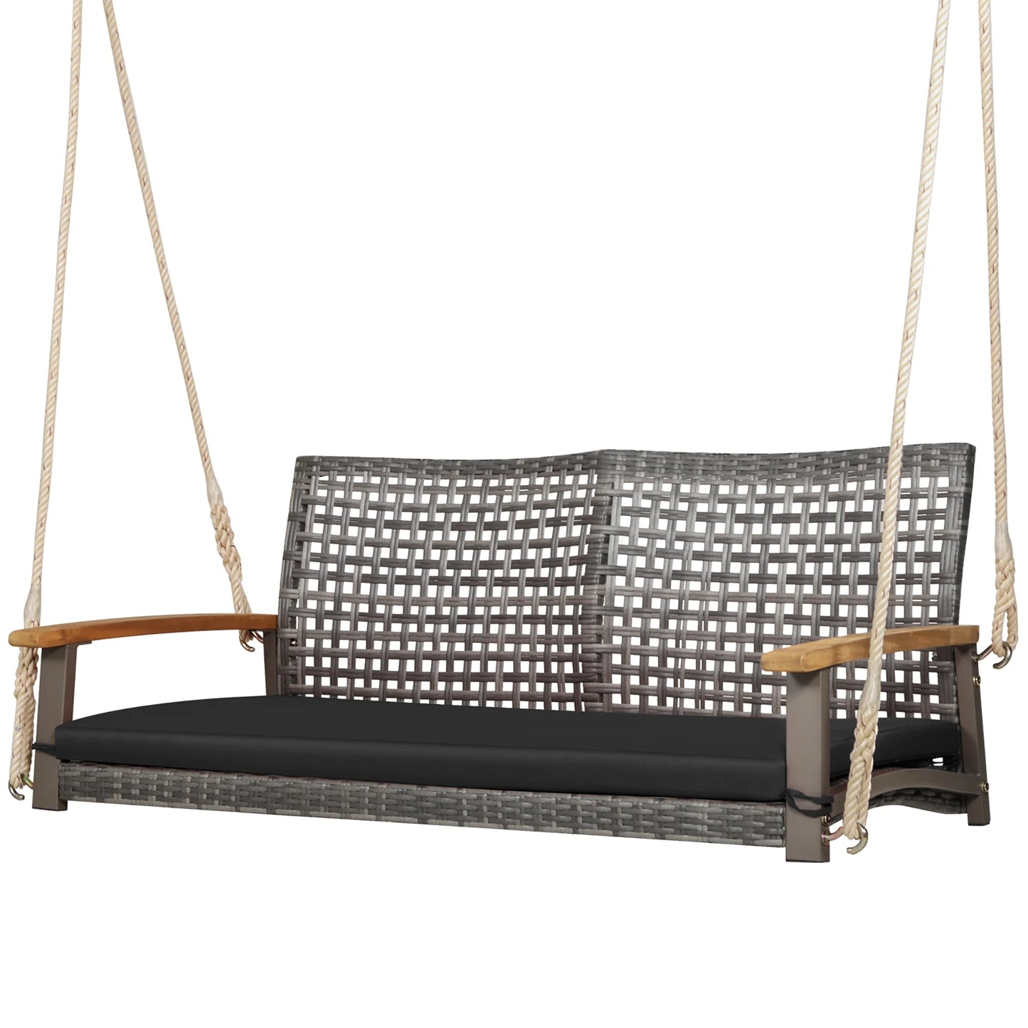 Gymax Rattan Patio Porch Swing 2-Person Cushioned Swing Chair Bench w/Hanging Ropes Off White