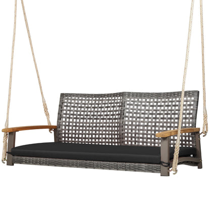 Gymax Rattan Patio Porch Swing 2-Person Cushioned Swing Chair Bench w/Hanging Ropes Off White