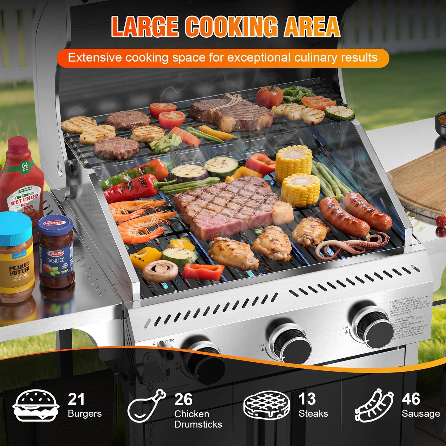 LHRIVER Stainless Steel BBQ Grill, 3 Burner Propane Gas Grill with Side Burner for Outdoor Cooking Patio Backyard