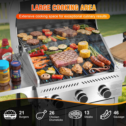 LHRIVER Stainless Steel BBQ Grill, 3 Burner Propane Gas Grill with Side Burner for Outdoor Cooking Patio Backyard