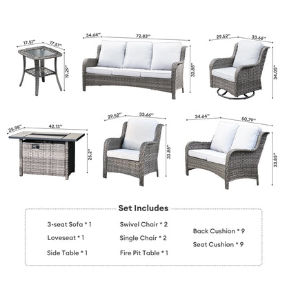 Vcatnet 8 Pieces Outdoor Patio Furniture Sectional Sofa All-weather Conversation Set with Swivel Rocking Chairs and Fire Pit Table for Garden,Poolside,Gray