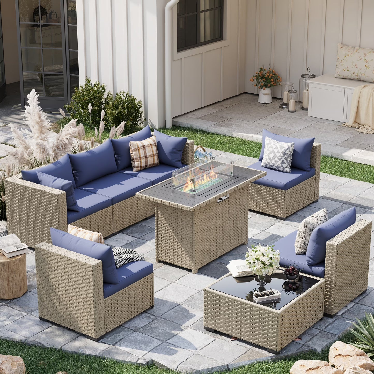 POTEBAN 7 Pieces Outdoor Patio Furniture Set, Grey Rattan Wicker Outdoor Conversation Sectional Sofa Set with Cushions for Backyard, Green