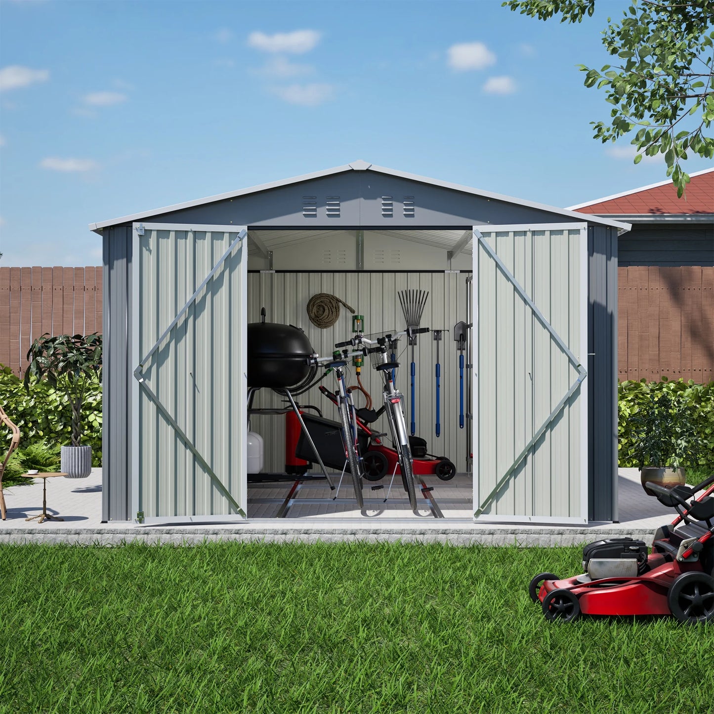 LZBEITEM 10 x 10 ft Outdoor Storage Shed with Floor Frame Kit, Galvanized Steel Garden Sheds, Garden Tool Shed with Double Lockable Doors for Backyard Patio Lawn, Grey
