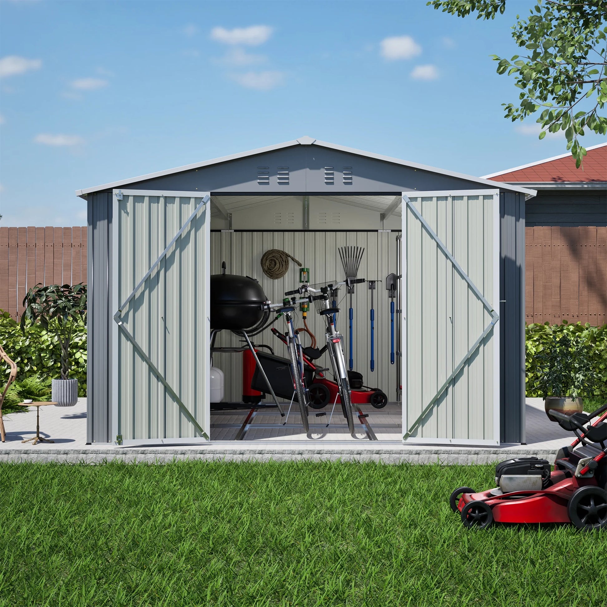 LZBEITEM 10 x 10 ft Outdoor Storage Shed with Floor Frame Kit, Galvanized Steel Garden Sheds, Garden Tool Shed with Double Lockable Doors for Backyard Patio Lawn, Grey