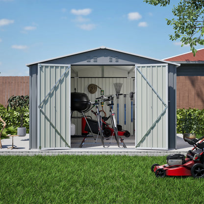 LZBEITEM 10 x 10 ft Outdoor Storage Shed with Floor Frame Kit, Galvanized Steel Garden Sheds, Garden Tool Shed with Double Lockable Doors for Backyard Patio Lawn, Grey