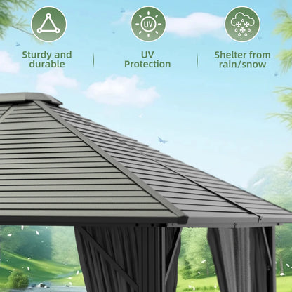 VEIKOUS 12'x10' Hardtop Gazebo, Outdoor Aluminum Gazebo Pergola w/Nettings and Curtains for Patio, Yard, Black