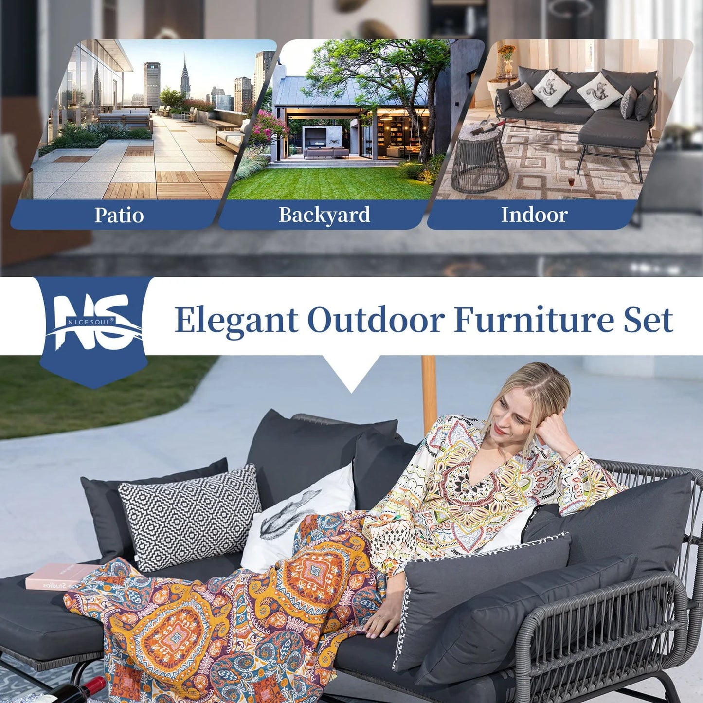 NICESOUL 6 Pcs Boho Outdoor Furniture Set with Ice Bucket Wicker Patio Bistro Chairs, Dark Grey