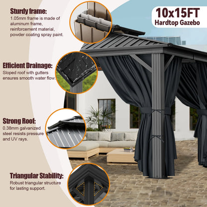 SANOPY 10x15ft Hardtop Gazebo Outdoor with Netting and Curtains Patio Gazebo Canopy Tent for Shade and Rain Double Roof Aluminum Permanent Gazebo Canopy for Garden, Backyard