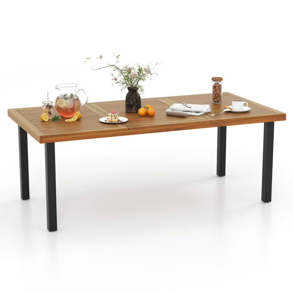 Spaco 8-Person Patio Table with 1.9 Inch Umbrella Hole, 79 Inch Acacia Wood Dining Table with Reinforced Metal Frame and Adjustable Foot Pads, Dining Table for Yard, Garden, Natural