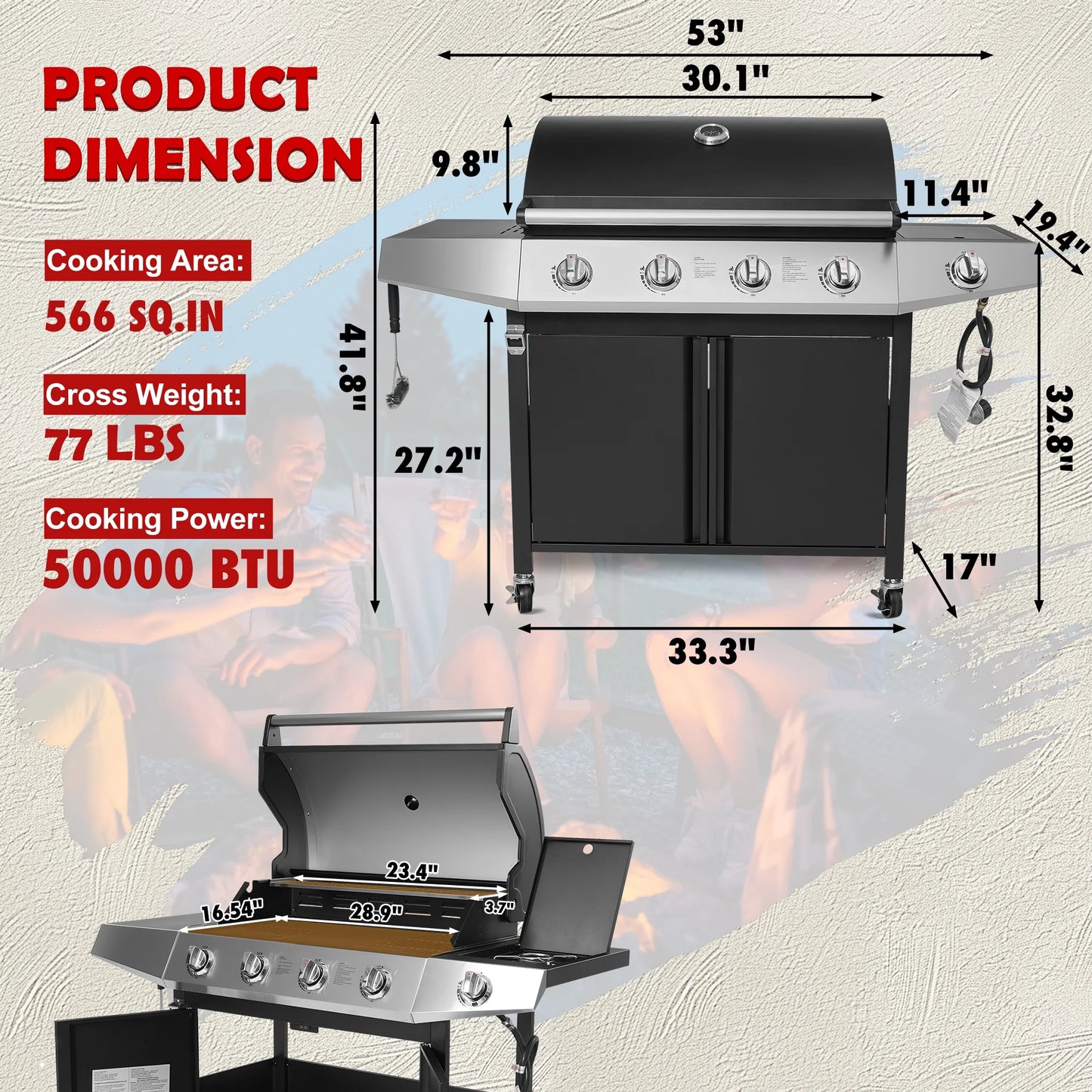 Enyopro 4 Burner Propane Gas Grill w/Side Burner, 50,000BTU Stainless Steel BBQ Grill with Brush, Built-in Thermometer, 4 Universal Wheels for Outdoor Cooking Patio Backyard