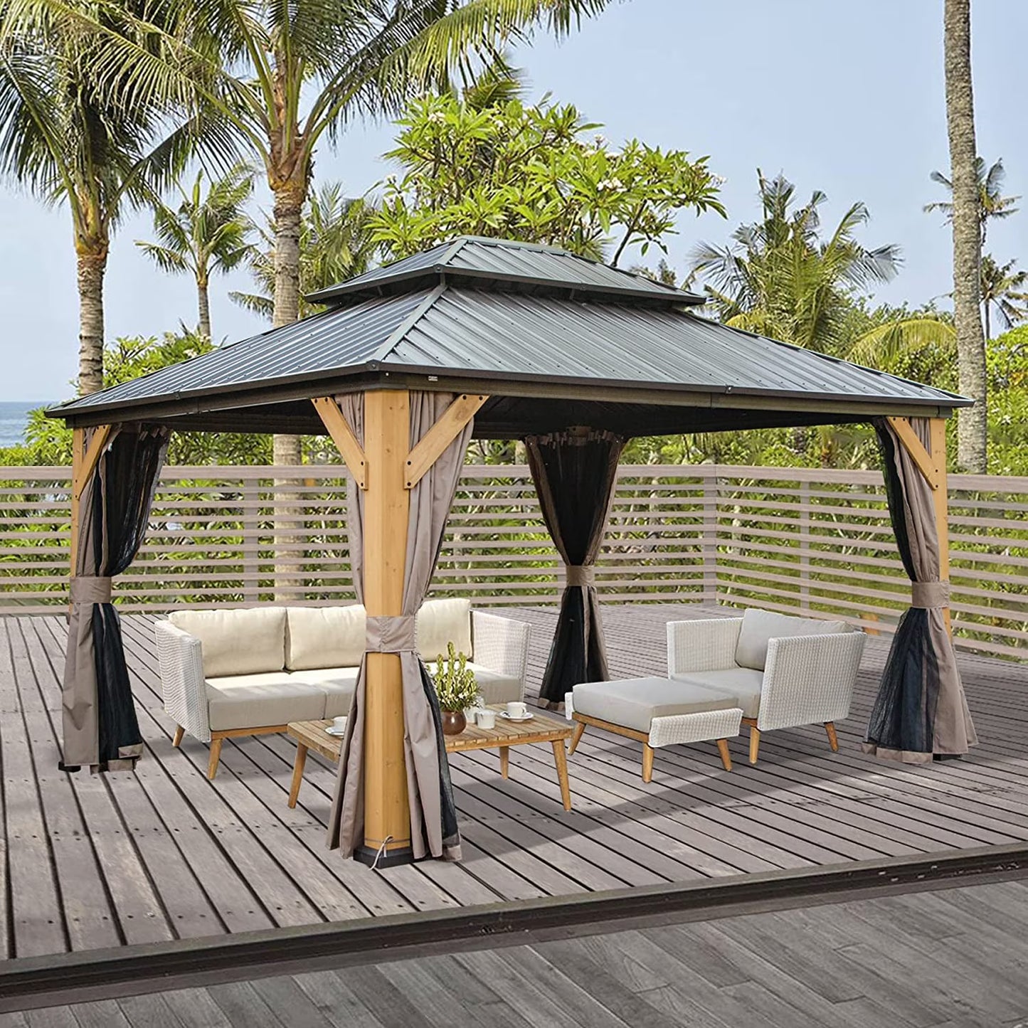 Domi 12x20 ft Wood Gazebo, Cedar Wood Frame Hardtop Gazebo with Galvanized Steel Double Roof, Outdoor Gazebo with Netting and Curtains, Patio Gazebo Pergola Pavilion for Patio, Backyard, Deck, Lawns