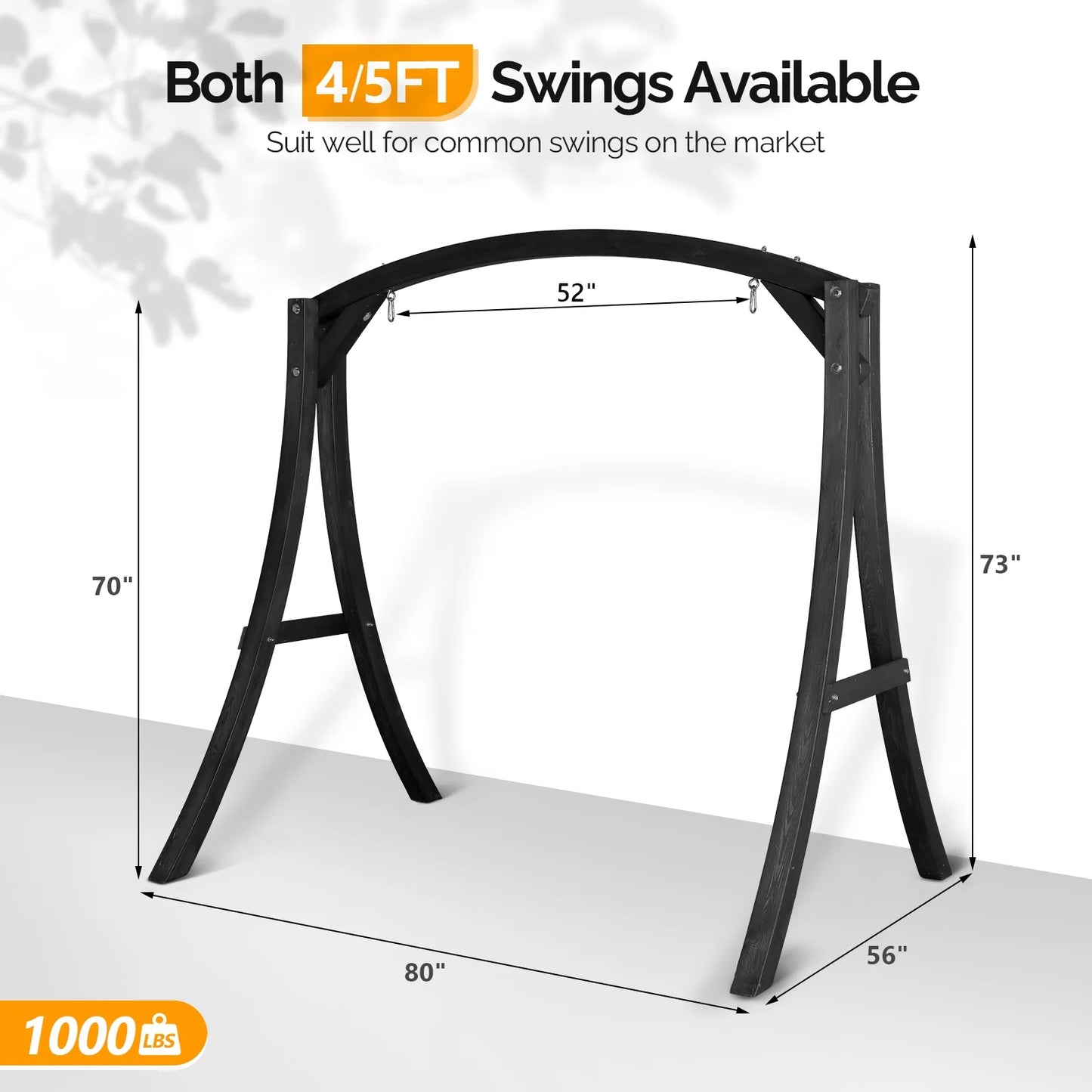 VINGLI 1000 lbs Patio Wooden Porch Swing Stand for 5 ft Swings, Black