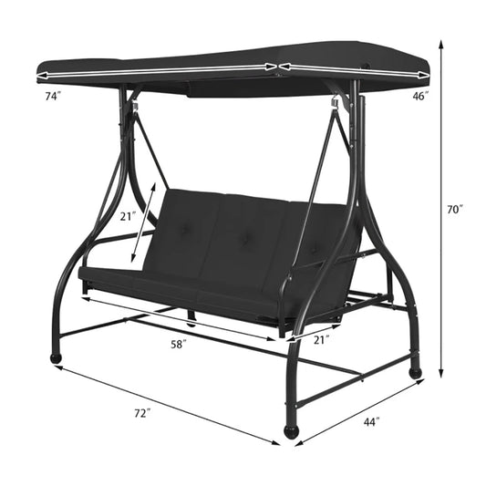 GVN 3 Seats Converting Outdoor Swing Canopy Hammock with Adjustable Tilt Canopy-Black, Porch Swing Hanging Bench, Outdoor Swing Bench for Patio, Yard, Garden