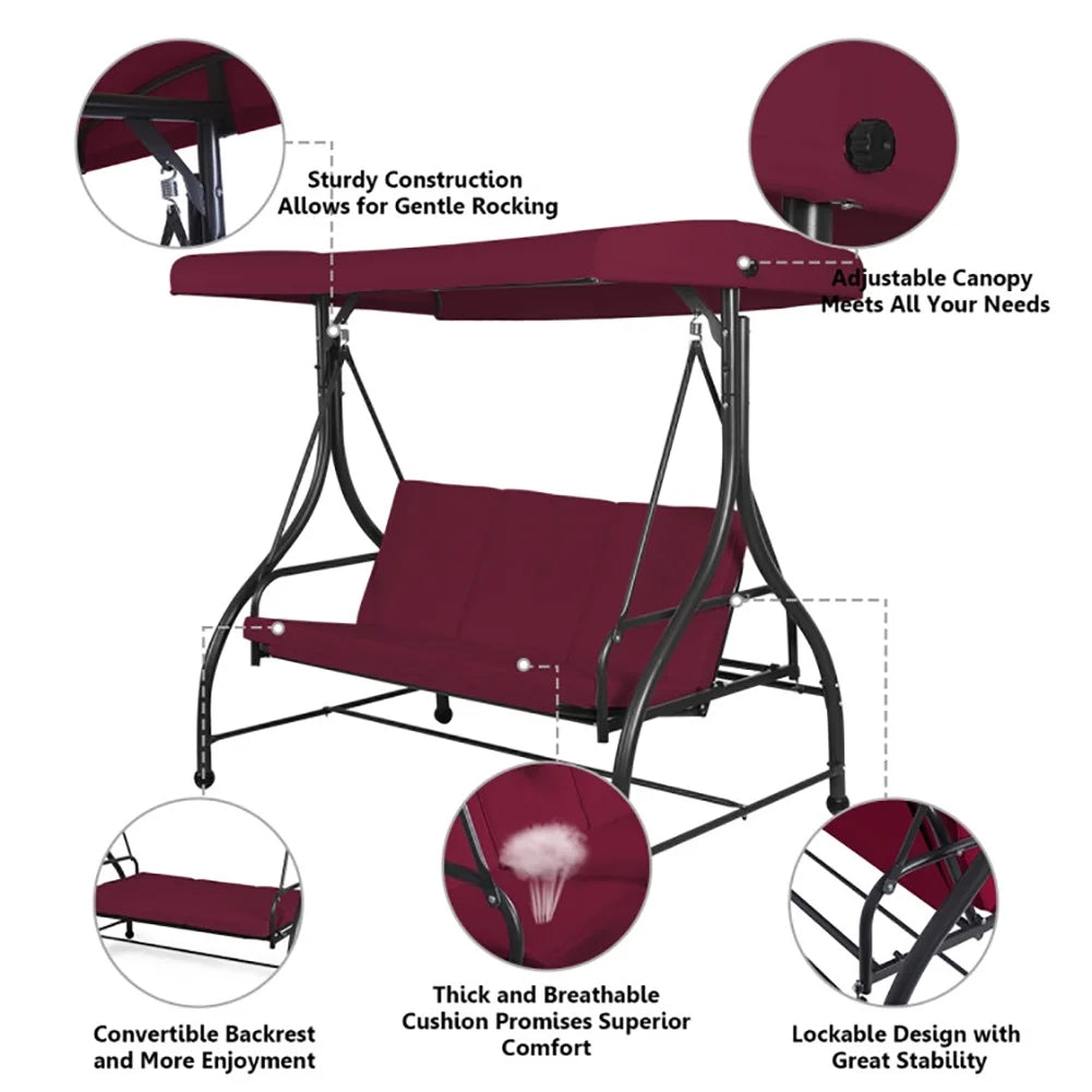 GVN 3 Seats Converting Outdoor Swing Canopy Hammock with Adjustable Tilt Canopy-Black, Porch Swing Hanging Bench, Outdoor Swing Bench for Patio, Yard, Garden