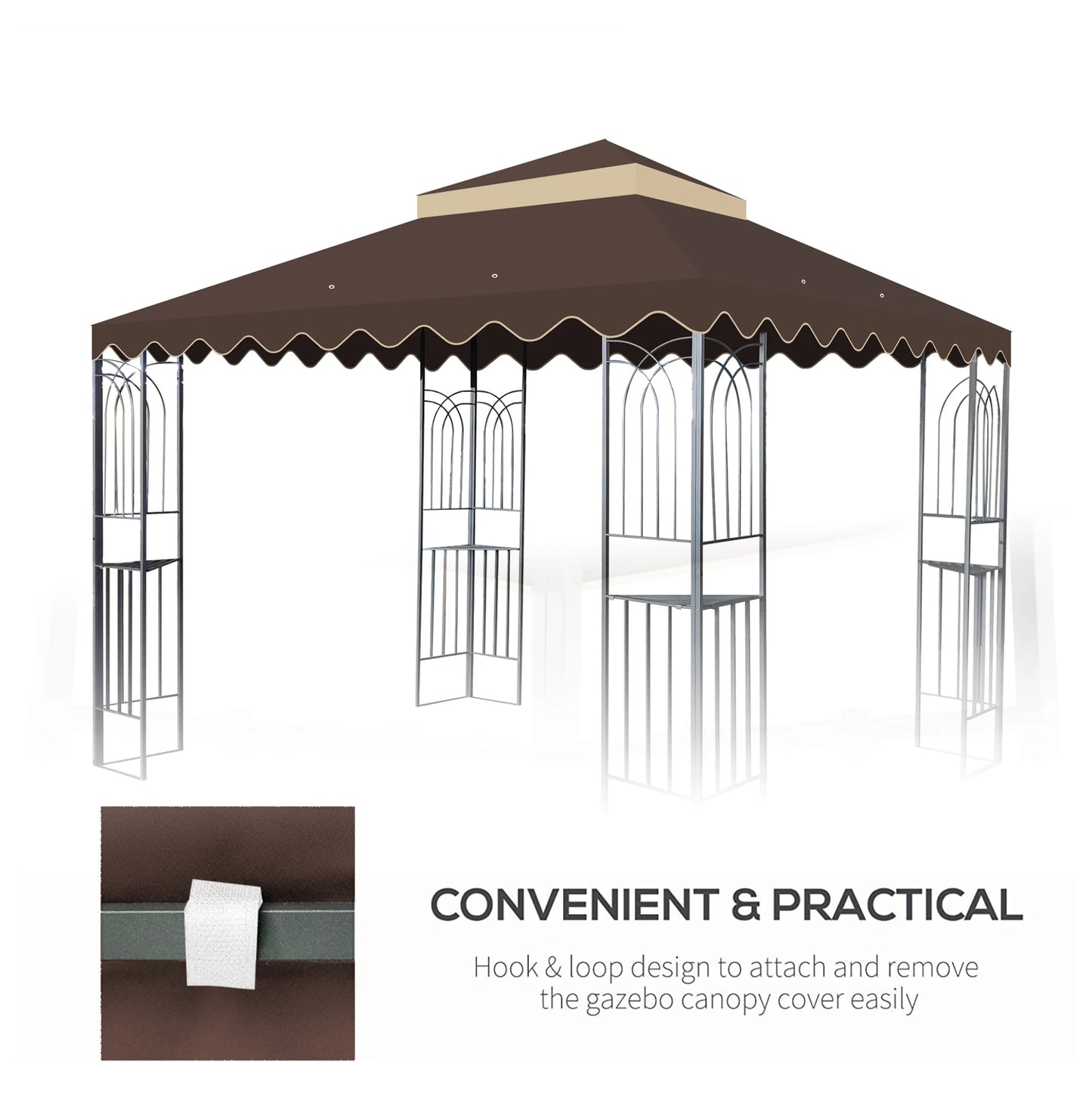 10x10 Ft Outdoor Patio Gazebo Replacement Canopy,Double Tiered Gazebo Tent Roof Top Cover Only wavy border(Frame Not Include)-BROWN