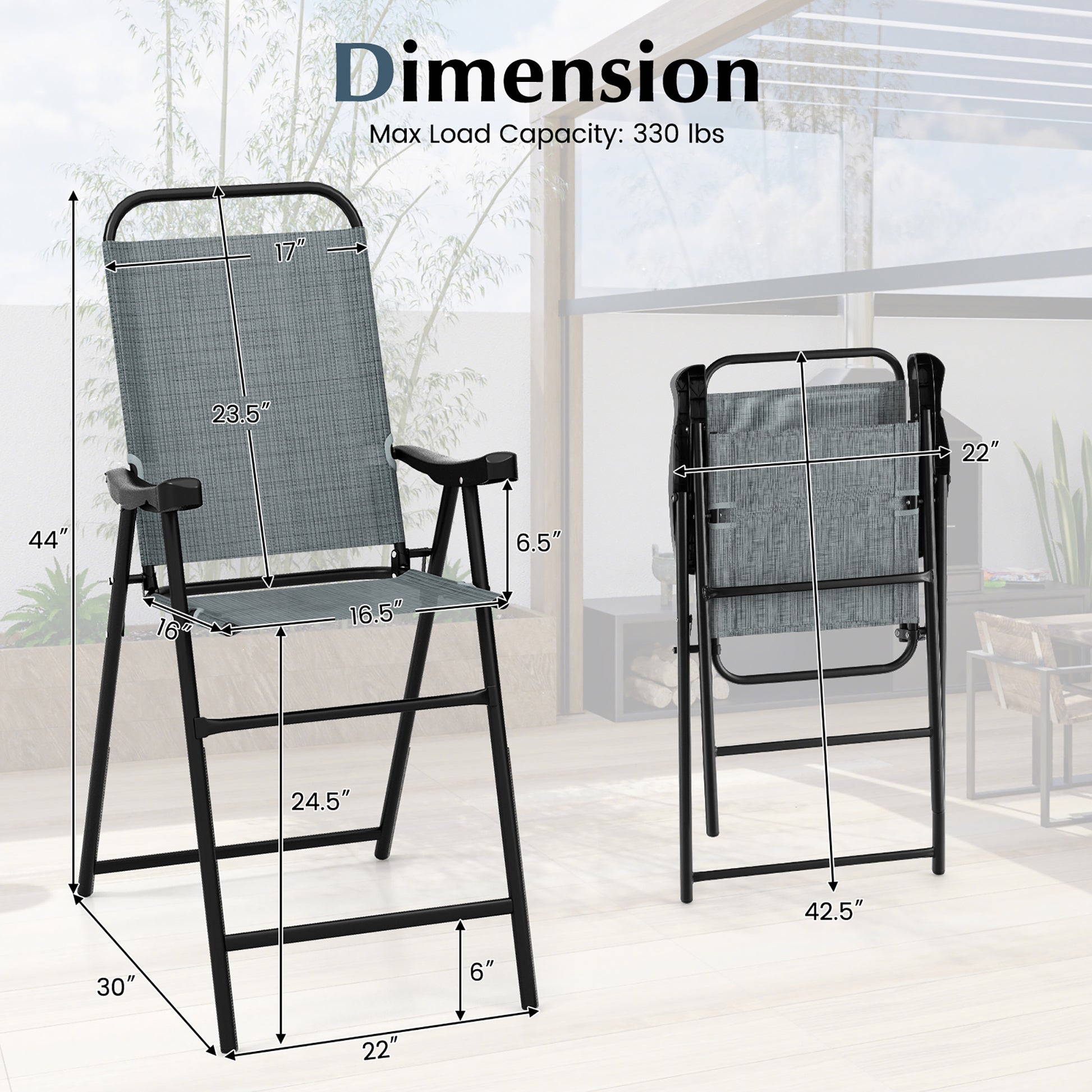 Gymax 4 PCS Patio Bar Chair Folding Bar Height Metal Frame w/Footrest Garden Blue