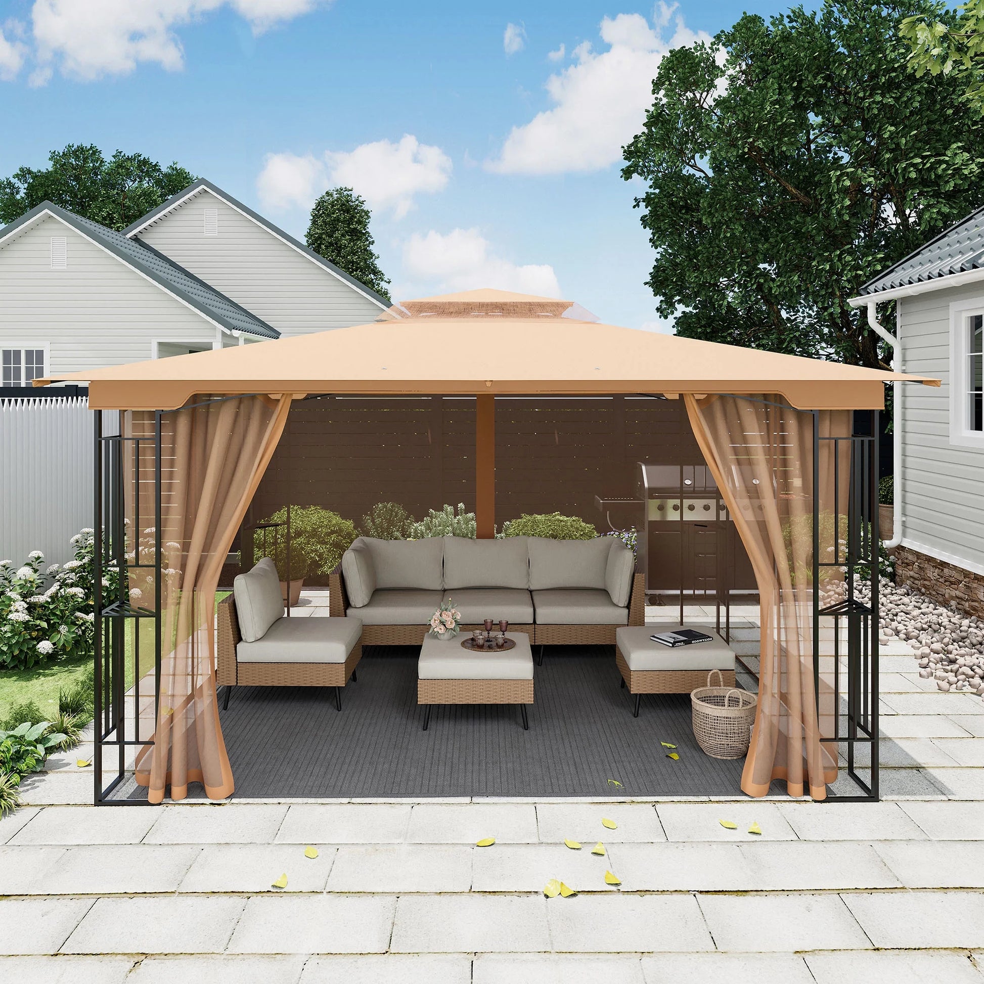 LAUSAINT HOME Patio Gazebo 13'x11',Heavy Duty Gazebos Shelter Party Tent with Double Roofs, Mosquito Nettings for Backyard, Garden, Lawn,(Khaki)
