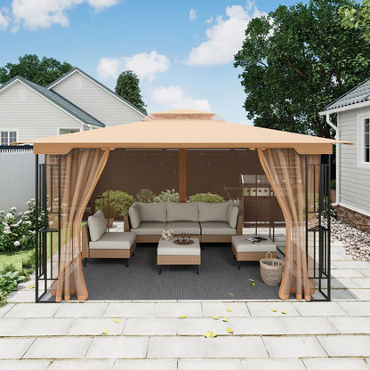 LAUSAINT HOME Patio Gazebo 13'x11',Heavy Duty Gazebos Shelter Party Tent with Double Roofs, Mosquito Nettings for Backyard, Garden, Lawn,(Khaki)
