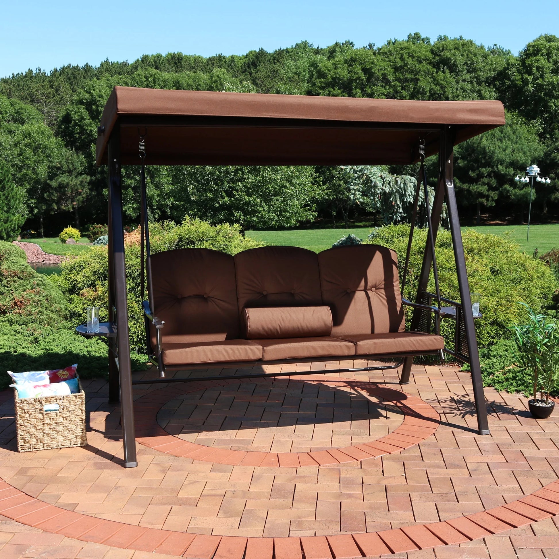 Sunnydaze Steel 3-Person Patio Swing with Adjustable Tilt Canopy and Cushions, Brown