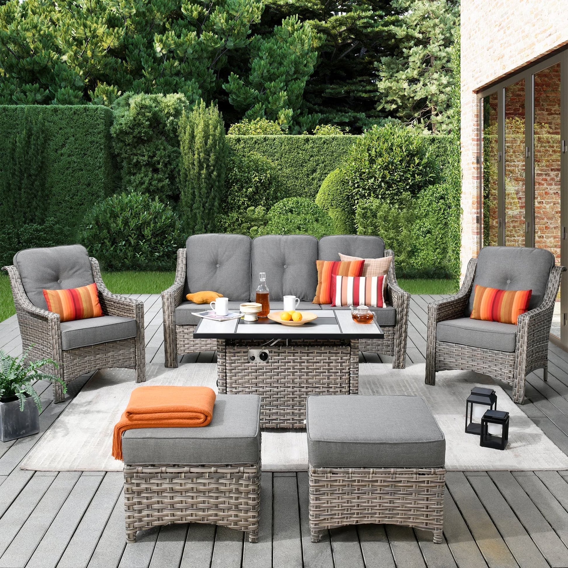 Vcatnet 6 Pieces Outdoor Patio Furniture All Weather Wicker High-Back Conversation Set with Fire Pit Table and Ottoman,Diamond Blue