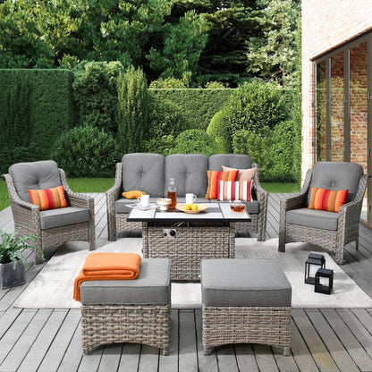 Vcatnet 6 Pieces Outdoor Patio Furniture All Weather Wicker High-Back Conversation Set with Fire Pit Table and Ottoman,Diamond Blue