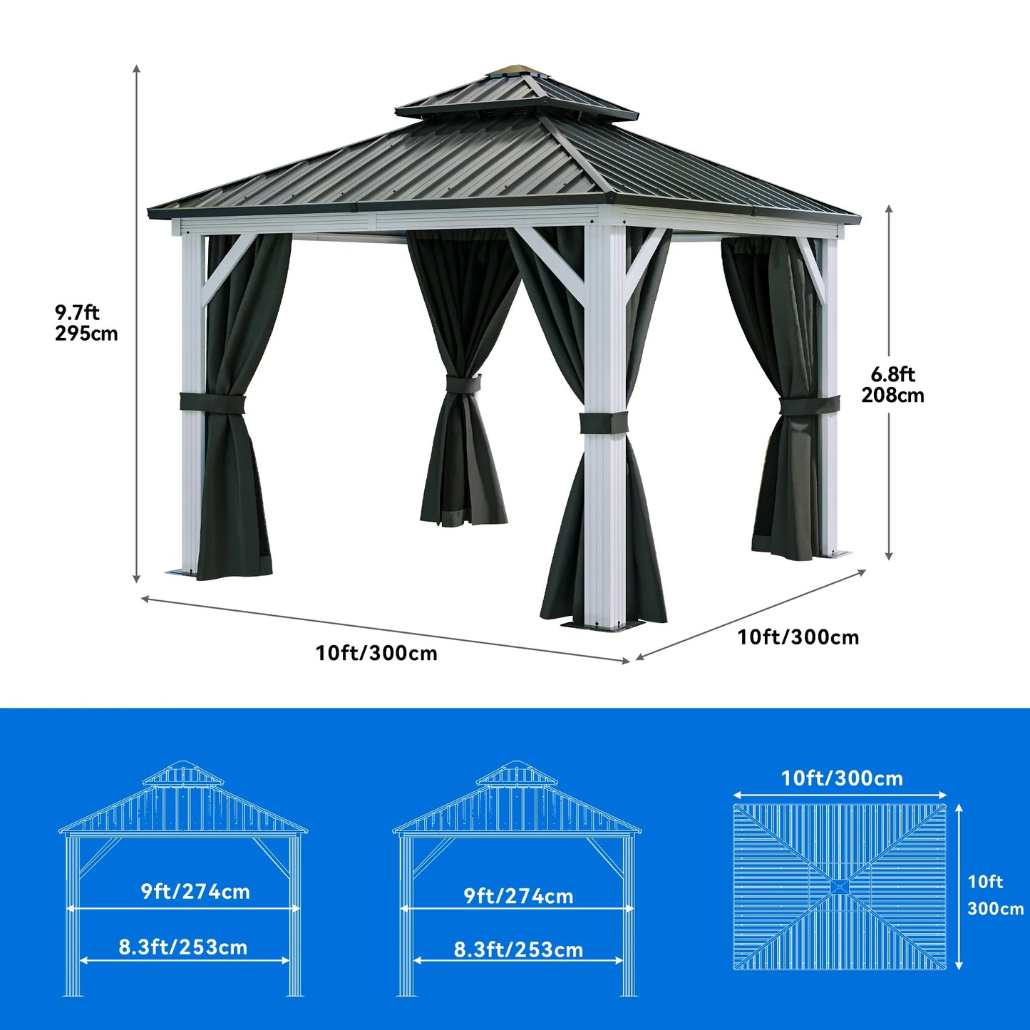 Dextrus 10x12ft Double Roof Hardtop Gazebo with Netting& Curtains, Double Galvanized Iron Aluminum Frame Outdoor White Gazebo,Ideal for Patio, Backyard,Deck and Lawns,Grey Curtain