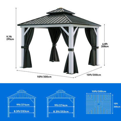 Dextrus 10x12ft Double Roof Hardtop Gazebo with Netting& Curtains, Double Galvanized Iron Aluminum Frame Outdoor White Gazebo,Ideal for Patio, Backyard,Deck and Lawns,Grey Curtain