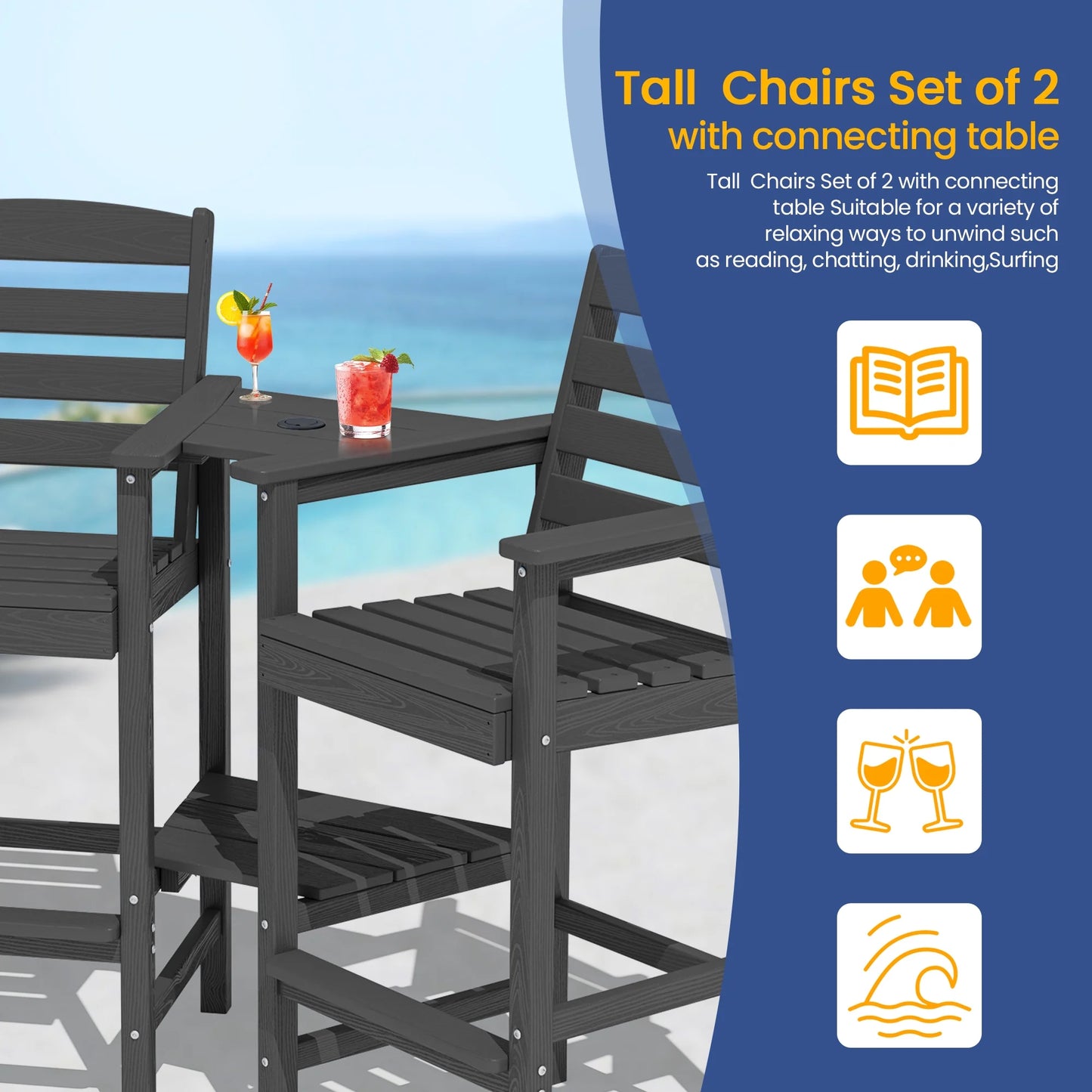 JUSTLET Tall Adirondack Chair Set of 2 with Double Connecting Tray, HDPE Weather Resistant Patio Bar Stools, Grey