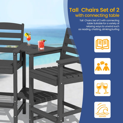 JUSTLET Tall Adirondack Chair Set of 2 with Double Connecting Tray, HDPE Weather Resistant Patio Bar Stools, Grey