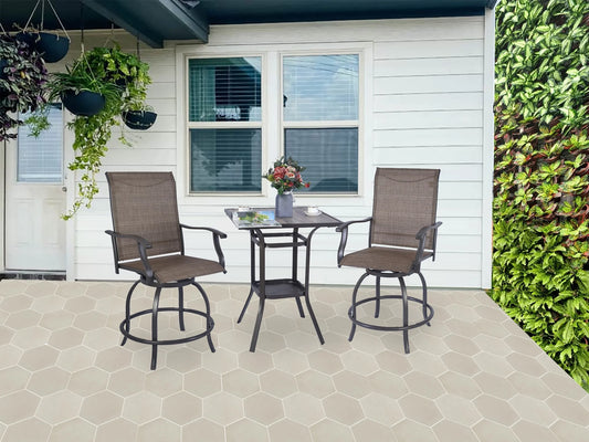 Kozyard Isabella Patio High Swivel Bar Stools/Chairs Steel Frame Outdoor Bistro Set for 2, Brown
