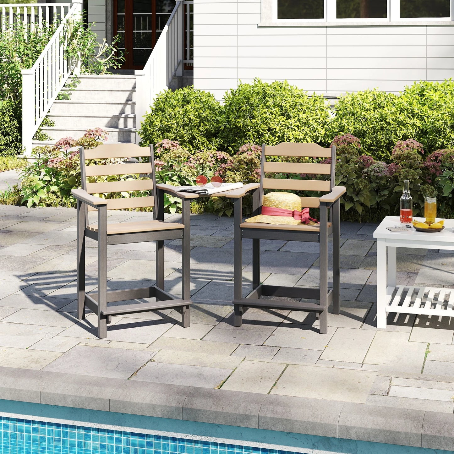 Decksplore Tall Adirondack Chairs Set of 6 with Detachable Connecting Tray, HDPE Bar Height Outdoor Chairs, Wood-Like Adirondack Bar Stools for Patio, Balcony, Porch, Black brown