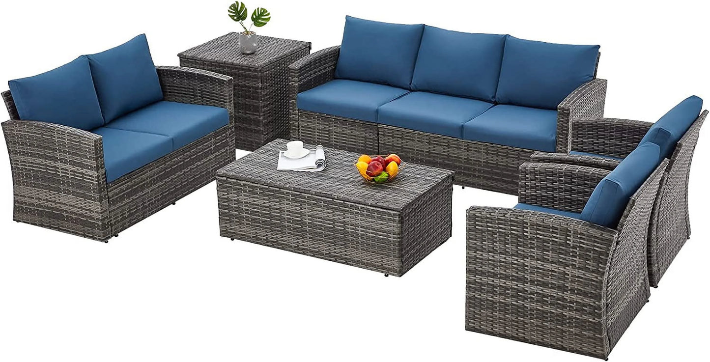 AECOJOY 7 Pieces Outdoor Furniture Set with Two Storage Boxes, Rattan Wicker Sectional Sofa Couch Patio Conversation Set, Dark Blue
