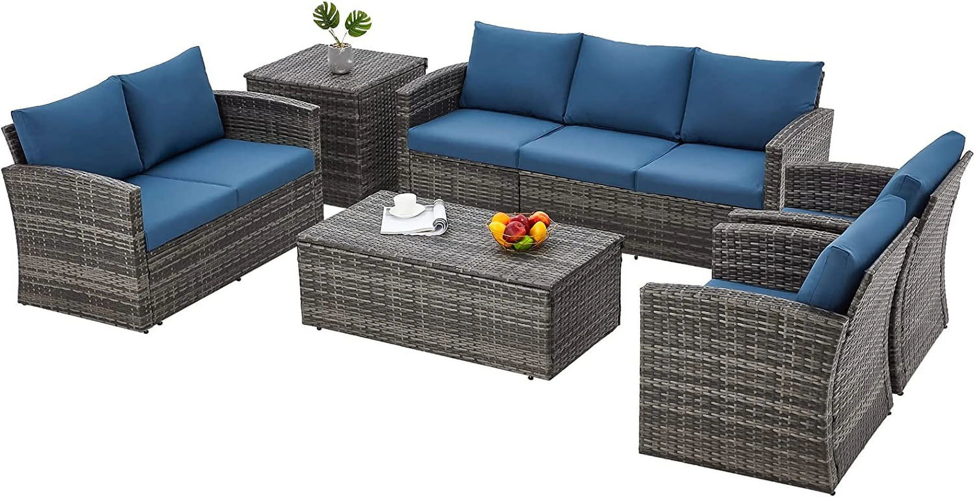 AECOJOY 7 Pieces Outdoor Furniture Set with Two Storage Boxes, Rattan Wicker Sectional Sofa Couch Patio Conversation Set, Dark Blue