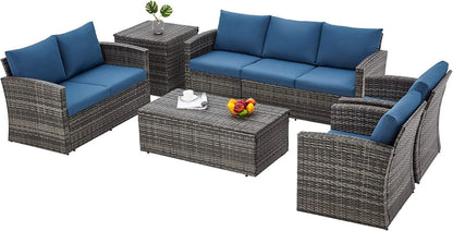 AECOJOY 7 Pieces Outdoor Furniture Set with Two Storage Boxes, Rattan Wicker Sectional Sofa Couch Patio Conversation Set, Dark Blue