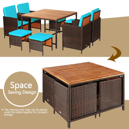 Gymax 9PCS Rattan Wicker Patio Dining Set Outdoor Furniture Set w/Turquoise Cushion